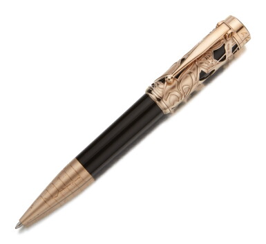 View full screen - View 1 of Lot 12. MONTBLANC | A LIMITED EDITION BROWN RESIN AND CHAMPAGNE TONE GOLD PLATED SKELETONIZED CAP OVERLAY BALLPOINT PEN, CIRCA 2005.