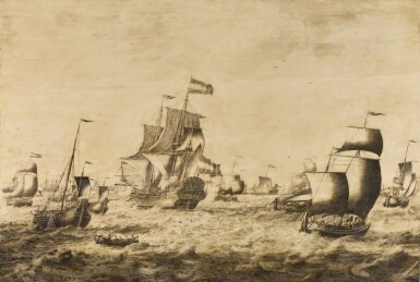 View full screen - View 1 of Lot 13. Dutch herring fleet featuring boats casting nets and a rowing boat in the foreground.