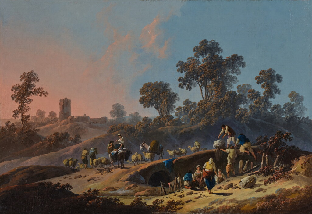View full screen - View 1 of Lot 26. Pastoral Landscape at Dusk with Villagers, Shepherds, and Sheep by a Bridge.