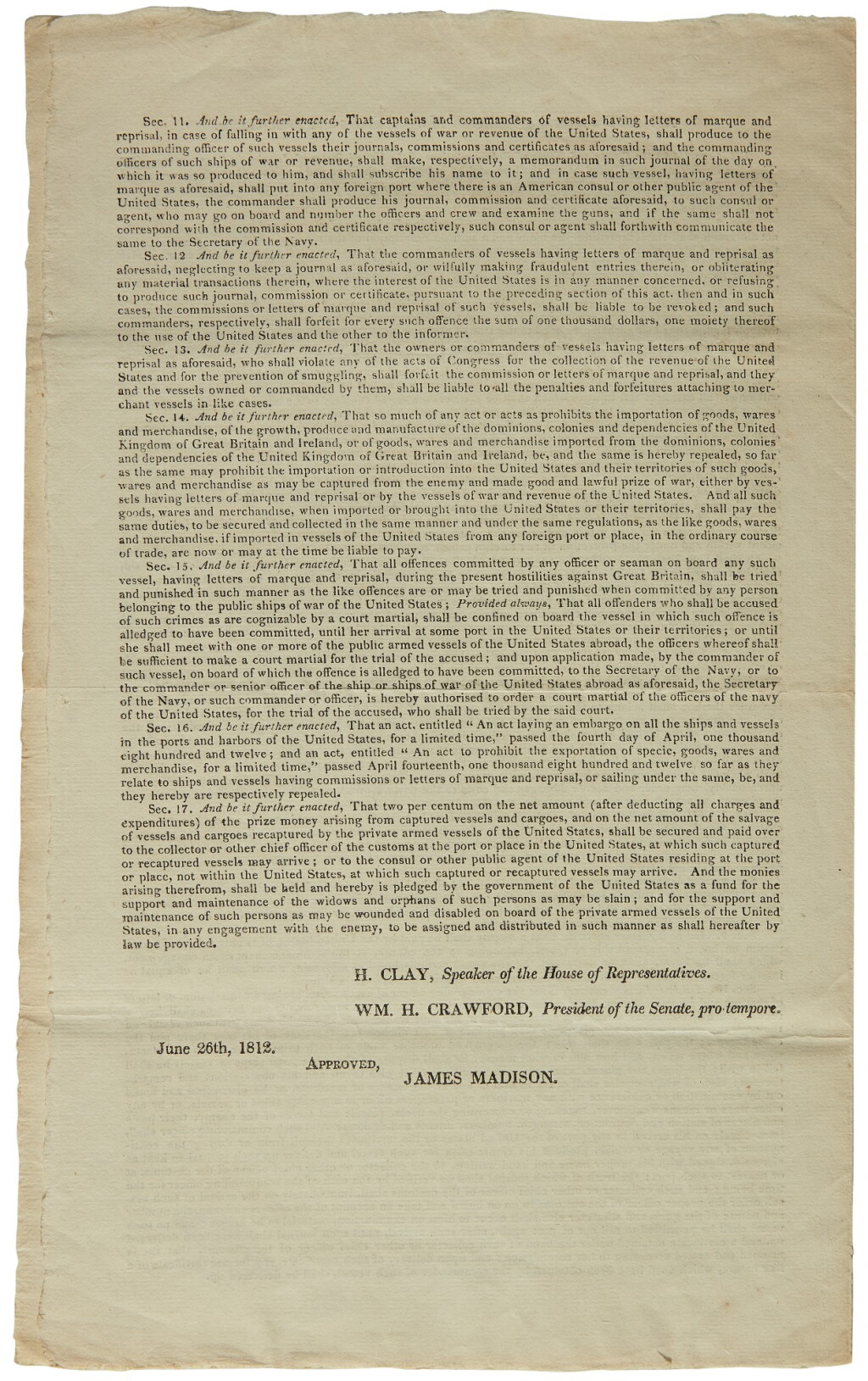 View full screen - View 1 of Lot 2137. Monroe, James. Printed document signed, being "Instructions For the Private Armed Vessels of the United States".