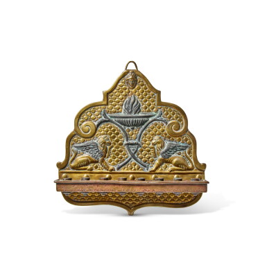 View full screen - View 1 of Lot 223. An Unusual Two-Tone Copper Hanukkah Lamp, probably German, possibly Berlin, 19th century.