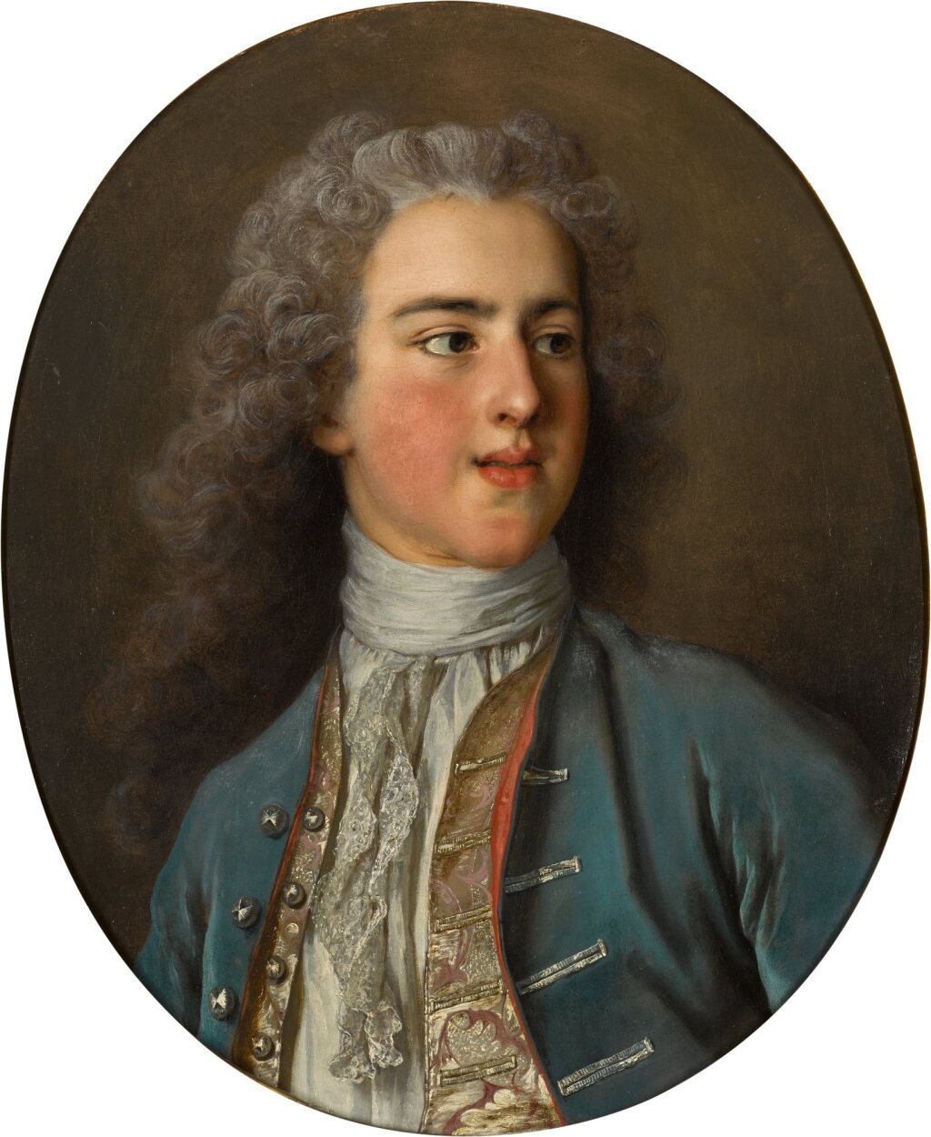 View full screen - View 1 of Lot 330. Portrait of Yves-Simon Pommyer (1707–1756), bust-length, wearing a blue coat and pink embroidered waistcoat.