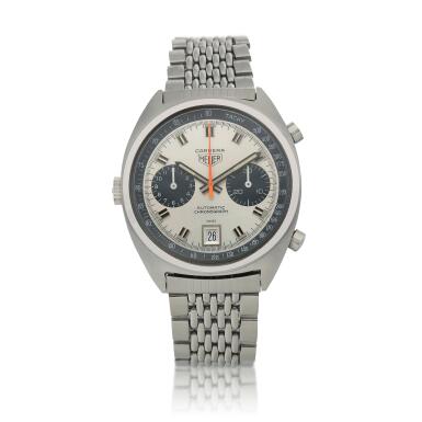 View full screen - View 1 of Lot 53. 'Third Execution' Carrera, Ref. 1153 Stainless steel chronograph wristwatch with date and Gay Frères bracelet Circa 1974.