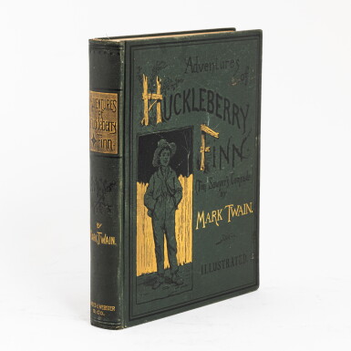 View full screen - View 1 of Lot 1038. Clemens, Samuel Langhorne | A fine, bright copy of "Huckleberry Finn" in green cloth.
