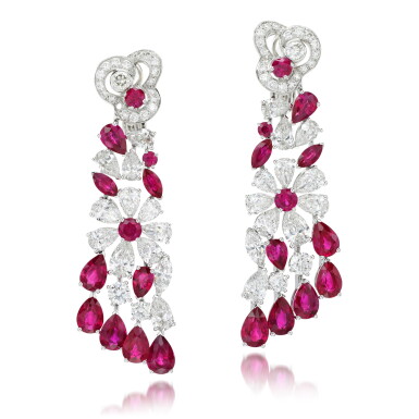 View full screen - View 1 of Lot 116. GRAFF | PAIR OF RUBY AND DIAMOND EARRINGS, 'NUAGE'.