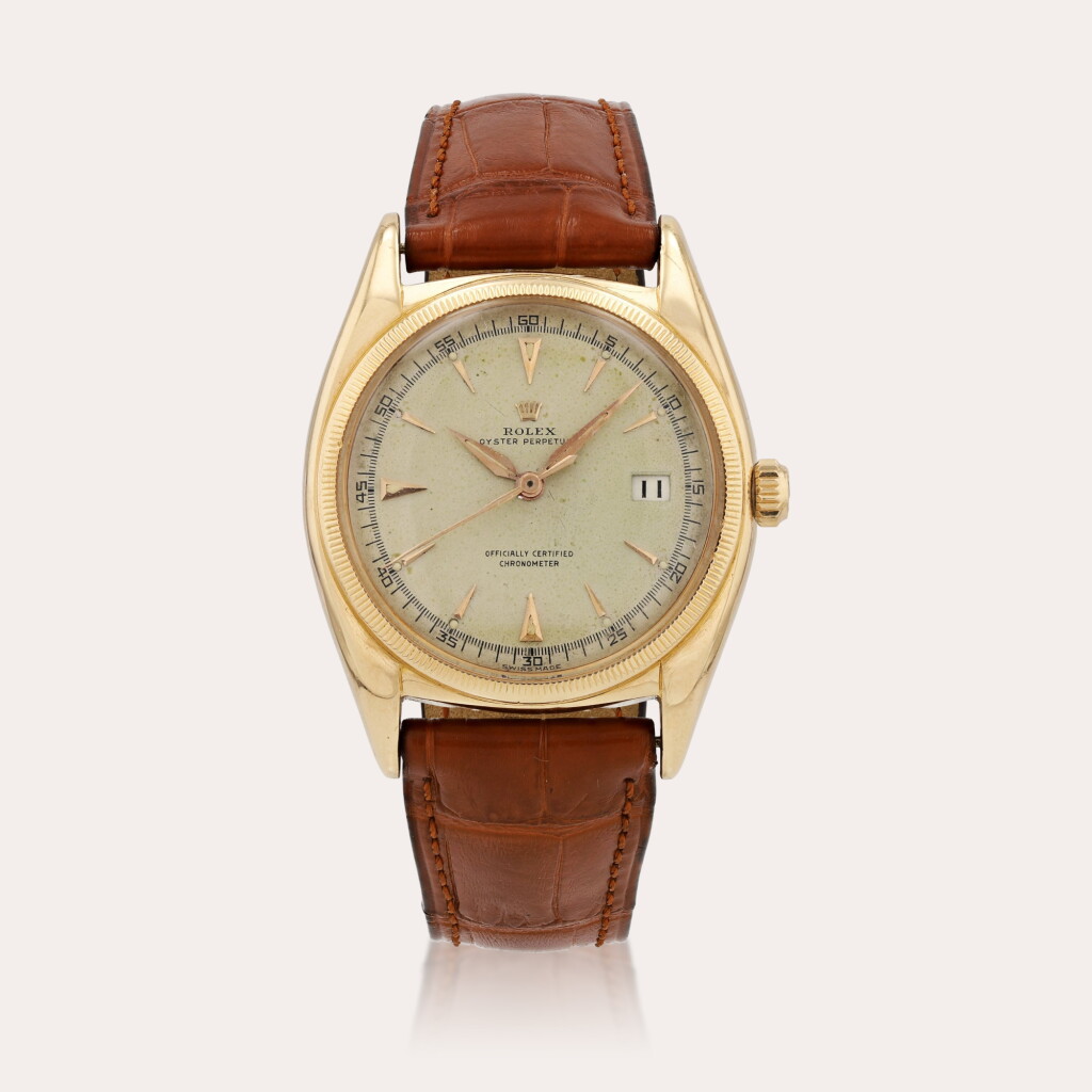 View full screen - View 1 of Lot 396. Oyster Perpetual 'Ovettone', reference 6031 Montre bracelet en or rose avec date | Pink gold wristwatch with date Vers 1950 | Circa 1950.