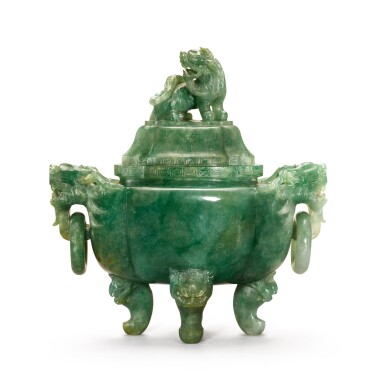 View full screen - View 1 of Lot 3631. A jadeite lobed tripod incense burner and cover Qing dynasty | 清 翠玉瑞獸鈕雙龍活環耳瓜棱式三足蓋爐.