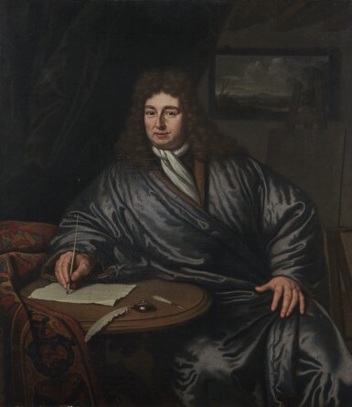 View full screen - View 1 of Lot 38. MICHIEL VAN MUSSCHER | Three quarter-length portrait of an artist seated at his writing table.