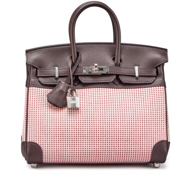 View full screen - View 1 of Lot 6. Limited Edition Rouge Sellier Swift and Framboise and Ecru Toile Quadrille Birkin 25 Palladium Hardware, 2023.