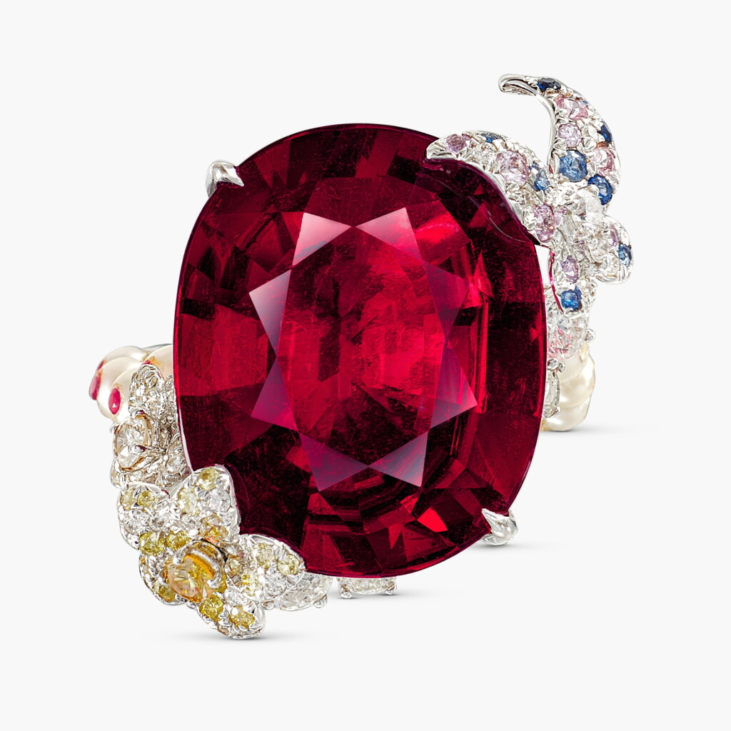 View full screen - View 1 of Lot 1778. Rubellite, Seed Pearl, Coloured Stone and Diamond Ring | 胡茵菲 | 紅色碧璽 配 珍珠 配 寶石 及 鑽石 戒指.