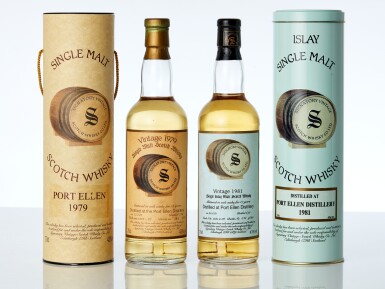 View full screen - View 1 of Lot 7637. Port Ellen Signatory Vintage 15 Year Old Cask #1873-75 43.0 abv 1979 (1 BT70) & Port Ellen Signatory Vintage 17 Year Old Cask #1385 & 88 43.0 abv 1981 (1 BT70).