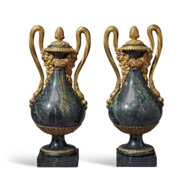 View full screen - View 1 of Lot 171. A Pair of Louis XVI style Gilt-Bronze Mounted Verde Antico Marble Vases, 19th Century .