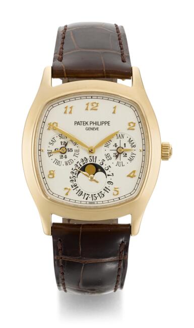View full screen - View 1 of Lot 18. PATEK PHILIPPE | REFERENCE 5940J-001 YELLOW GOLD CUSHION-SHAPED PERPETUAL CALENDAR WRISTWATCH WITH MOON-PHASES, 24 HOUR AND LEAP-YEAR INDICATION MADE IN 2013.