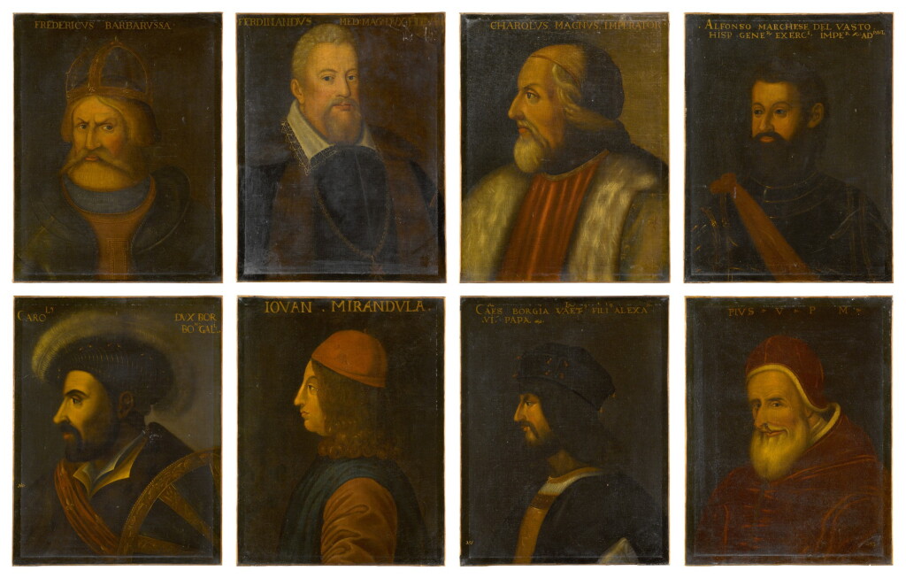 View full screen - View 1 of Lot 139. A set of 8 historical portraits comprising: Charlemagne (circa 748–814); Frederick I, Holy Roman Emperor, known as Barbarossa (1122–1190); Giovanni Pico della Mirandola (1463–1494); Cesare Borgia (1475/76–1507); Charles III, Duke of Bourbon (1490–1527); Alfonso d'Avalos d'Aquino, VI marquis of Pescara and II of Vasto (1502–1546); Pope Pius V (1504–1572); Ferdinando I de' Medici, Grand Duke of Tuscany (1549–1609).