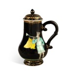 An Extremely Rare Chinese Export Black Ground Famille-Rose 'Trumpeter' Chocolate Pot and Cover, Qing Dynasty, Qianlong Period, Circa 1740 | 清乾隆 約1740年 墨地粉彩樂人圖蓋壺