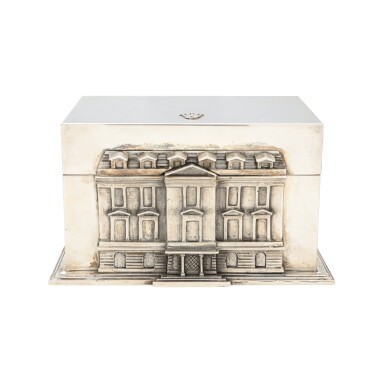 View full screen - View 1 of Lot 451. Sterling silver box depicting the Paris headquarters Circa 1980.