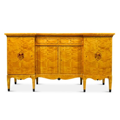 View full screen - View 1 of Lot 644. An Art Deco style ebonised, marquetry and satinbirch inverted breakfront sideboard, first half 20th century.