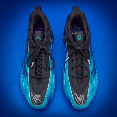 View full screen - View 1 of Lot 11. Stephen Curry 2025-2026 Warm Up Worn Dual-Signed adidas AE1 x CLOT 'Blue Flame' .