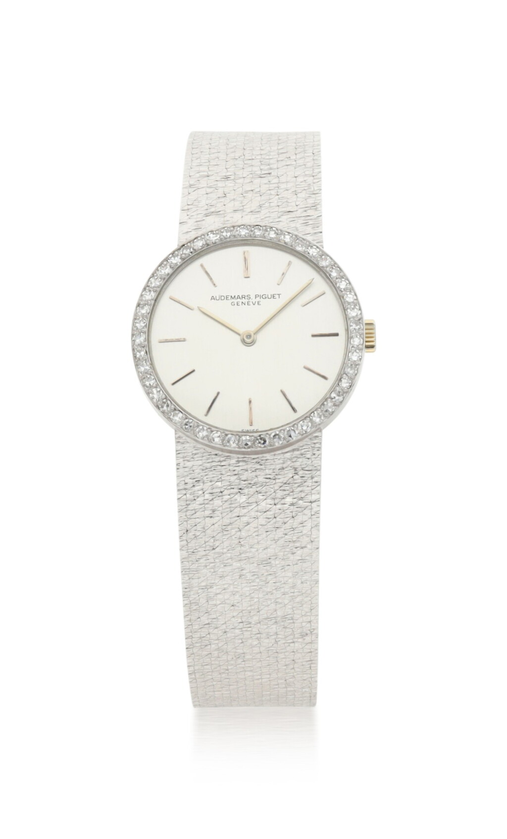 View full screen - View 1 of Lot 8147. Audemars Piguet | A white gold and diamond-set bracelet watch, Circa 1970 | 愛彼 | 白金鑲鑽石鏈帶腕錶,約1970年製.