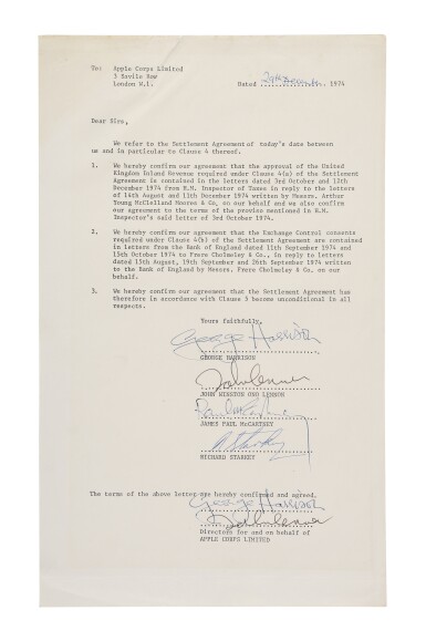 View full screen - View 1 of Lot 141. APPLE CORPS LIMITED DISSOLUTION OF CONTRACT, SIGNED BY ALL FOUR BEATLES.
