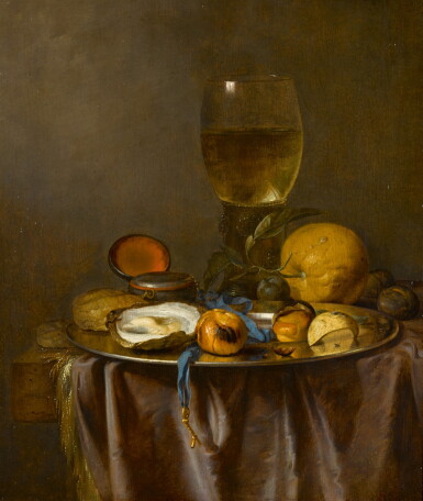 View full screen - View 1 of Lot 158. Still life with a roemer, timepiece, oyster and fruit.