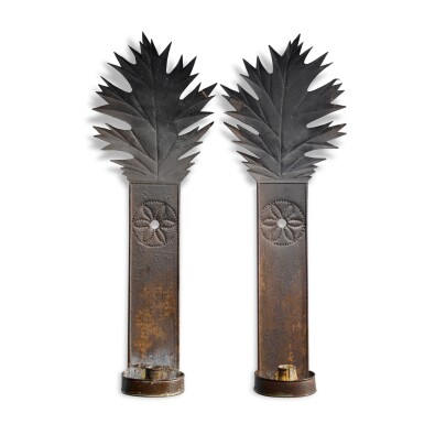 View full screen - View 1 of Lot 29. Very Fine and Rare Pair of Tinned Sheet Iron Red-Oak Leaf Sconces, Attributed to Nelson Garey (1820-1910), Berlin, Pennsylvania, Circa 1860.