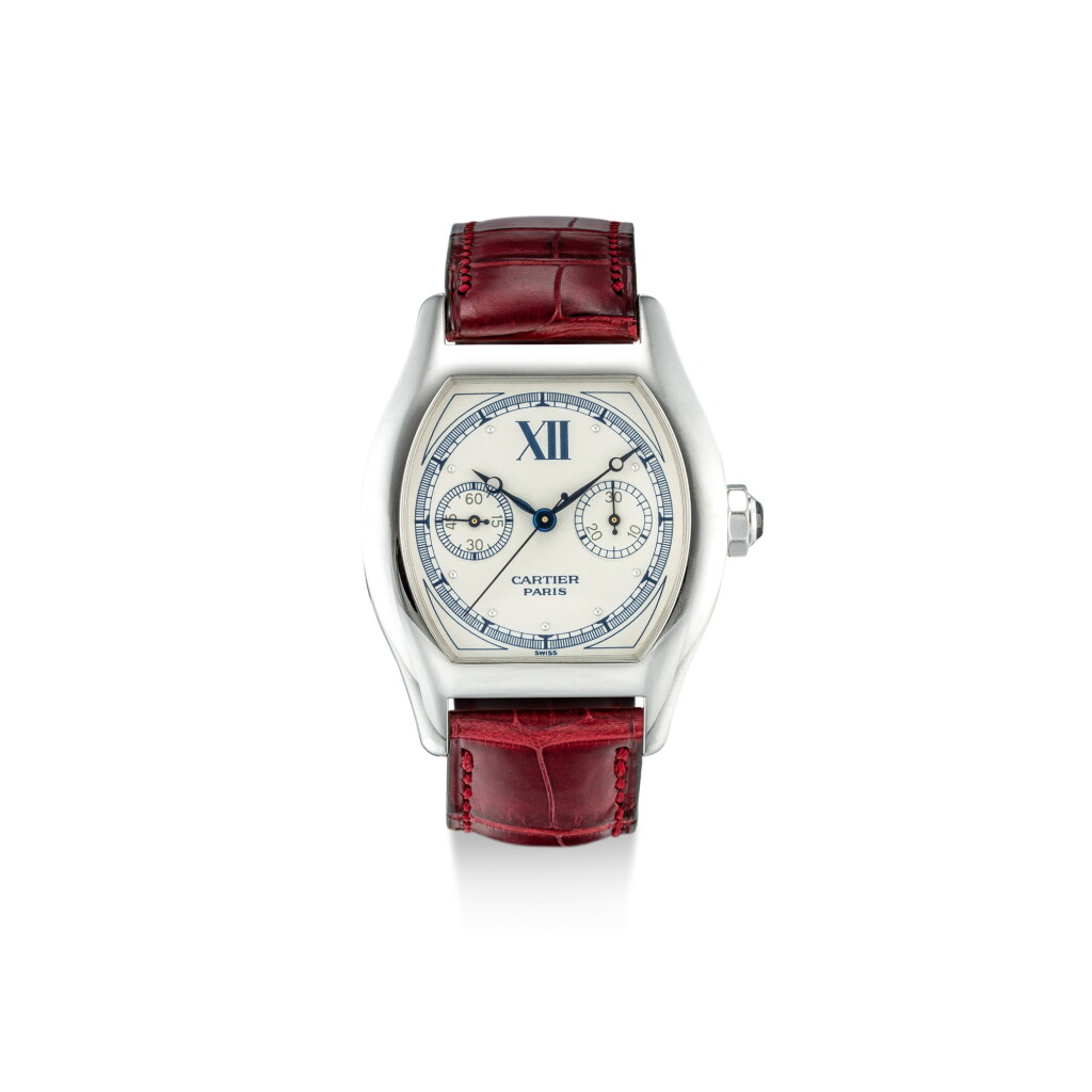 View full screen - View 1 of Lot 1109. CARTIER | TORTUE MONOPOUSSOIR, REFERENCE 2396, A WHITE GOLD SINGLE-BUTTON CHRONOGRAPH WRISTWATCH, CIRCA 2000.