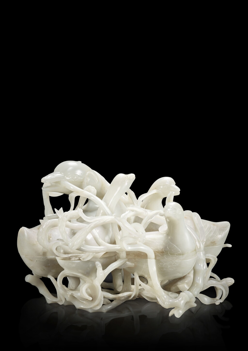 View full screen - View 1 of Lot 3635. A massive white jade 'duck' box and cover, Qing dynasty, Qianlong period | 清乾隆 白玉雕荷塘寶鴨式蓋盒.
