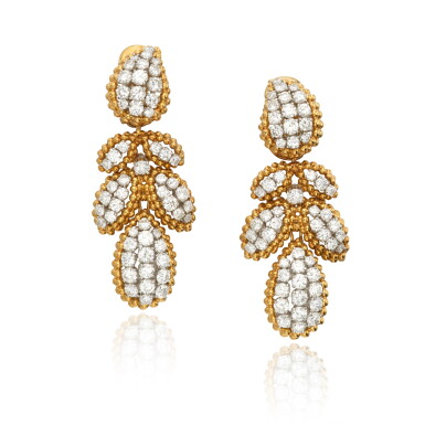 View full screen - View 1 of Lot 122. Pair of Gold and Diamond Pendant-Earclips.