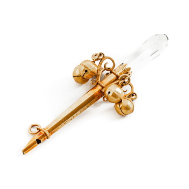 View full screen - View 1 of Lot 69. A French gold and rock crystal rattle, probably late 18th century-early 19th century | Hochet en or et cristal de roche, probablement France, fin du XVIIIe-début du XIXe siècle.