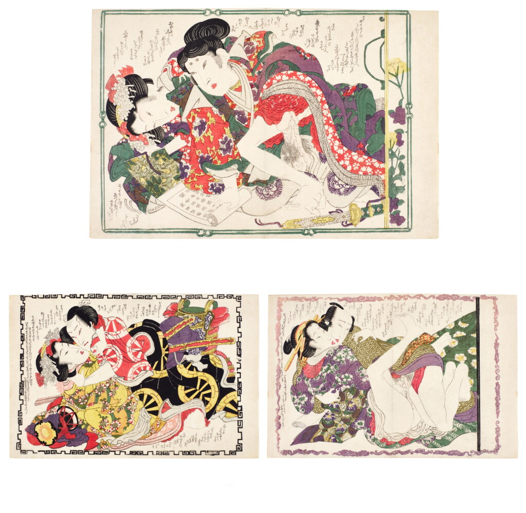 View full screen - View 1 of Lot 27. Attributed to Keisai Eisen (1790–1848) | Three shunga woodblock prints | Edo period, 19th century.