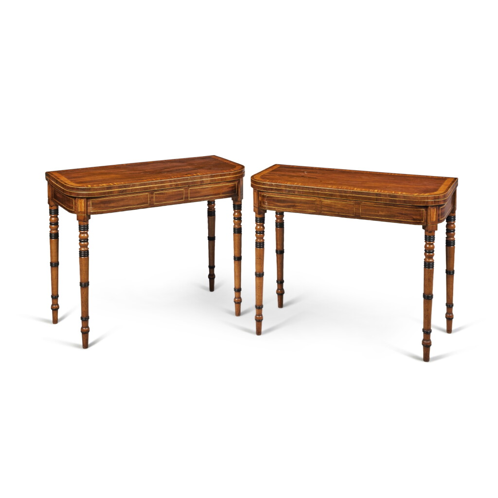 View full screen - View 1 of Lot 468. A Pair of Regency Mahogany, Satinwood and Rosewood Crossbanded and Ebonized Games Tables, Circa 1805.