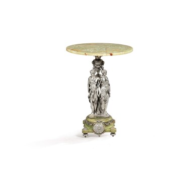 View full screen - View 1 of Lot 274. A French neoclassical-style onyx and electroplated figural gueridon, circa 1880, after Germain Pilon.
