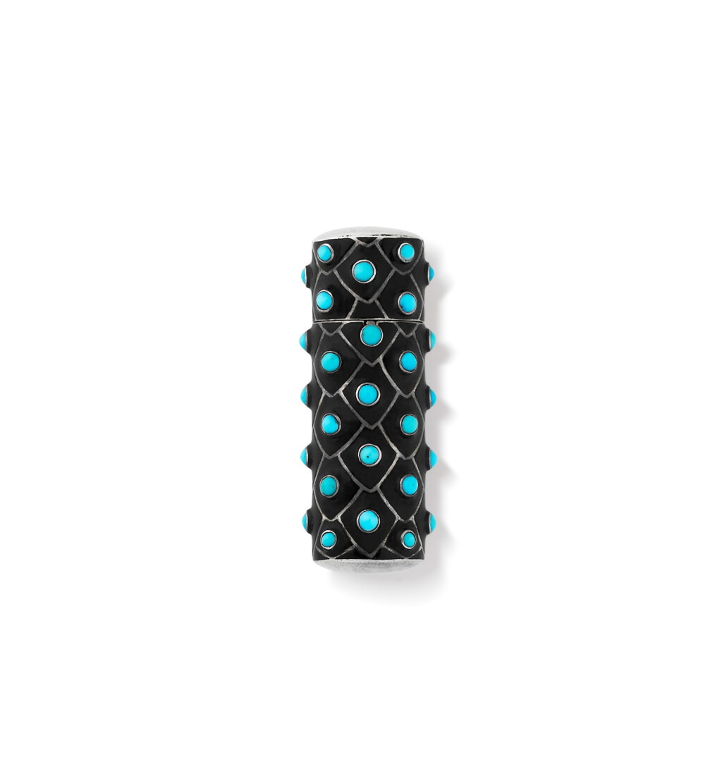 View full screen - View 1 of Lot 62. Etui à rouge à lèvres argent, émail et turquoises | Silver, enamel and turquoise lipstick holder.