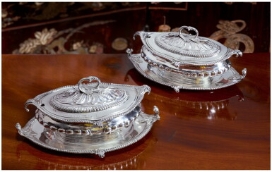 View full screen - View 1 of Lot 46. A PAIR OF EARLY GEORGE III SILVER SAUCE TUREENS, COVERS, AND STANDS, THOMAS HEMING, LONDON, 1769.