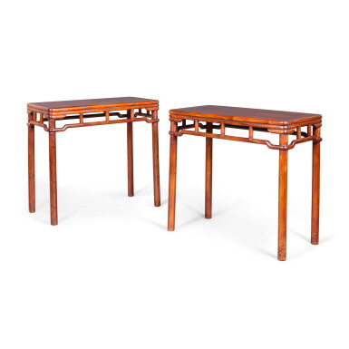 View full screen - View 1 of Lot 320. A PAIR OF HUALI TABLES, 20TH CENTURY | 二十世紀 花梨羅鍋棖半桌成對.