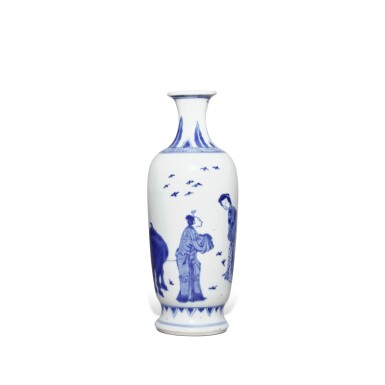 View full screen - View 1 of Lot 507. An inscribed blue and white 'figural' vase, Qing dynasty, Kangxi period | 清康熙 青花牛郎織女圖瓶 《世錦堂製》款.