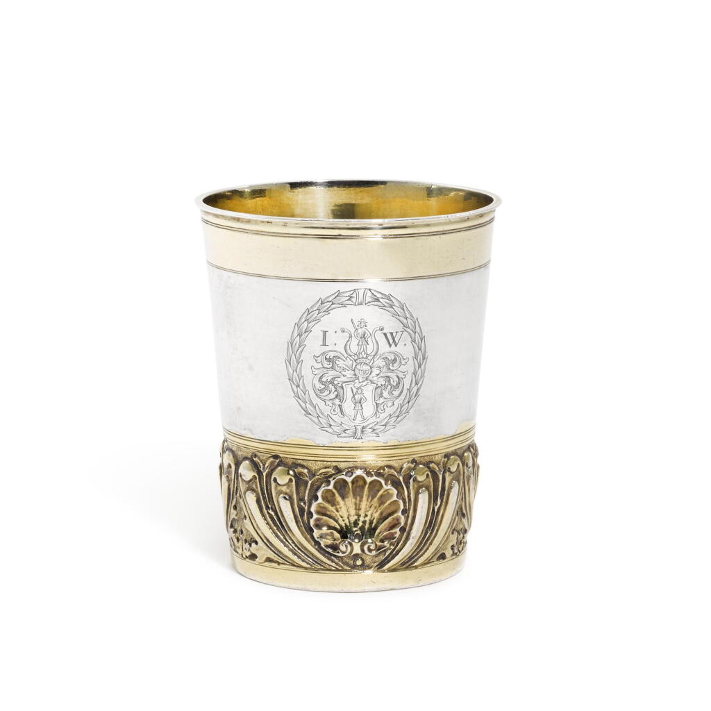 View full screen - View 1 of Lot 4. A German parcel-gilt silver beaker, Johann David Saler, Augsburg 1695-1700, overstriking/overstruck by another mark.