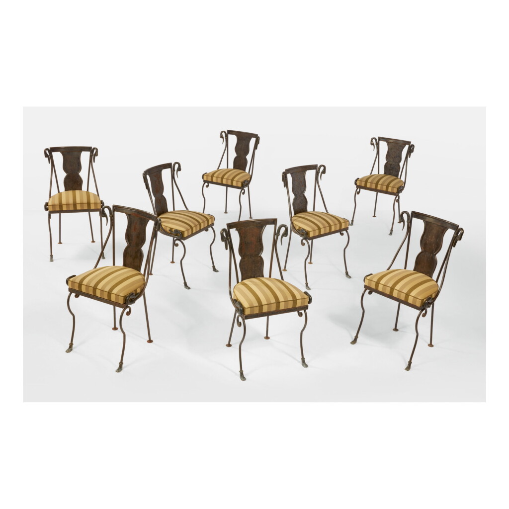 View full screen - View 1 of Lot 209. IN THE STYLE OF MAISON JANSEN | SET OF EIGHT "SWAN" CHAIRS.