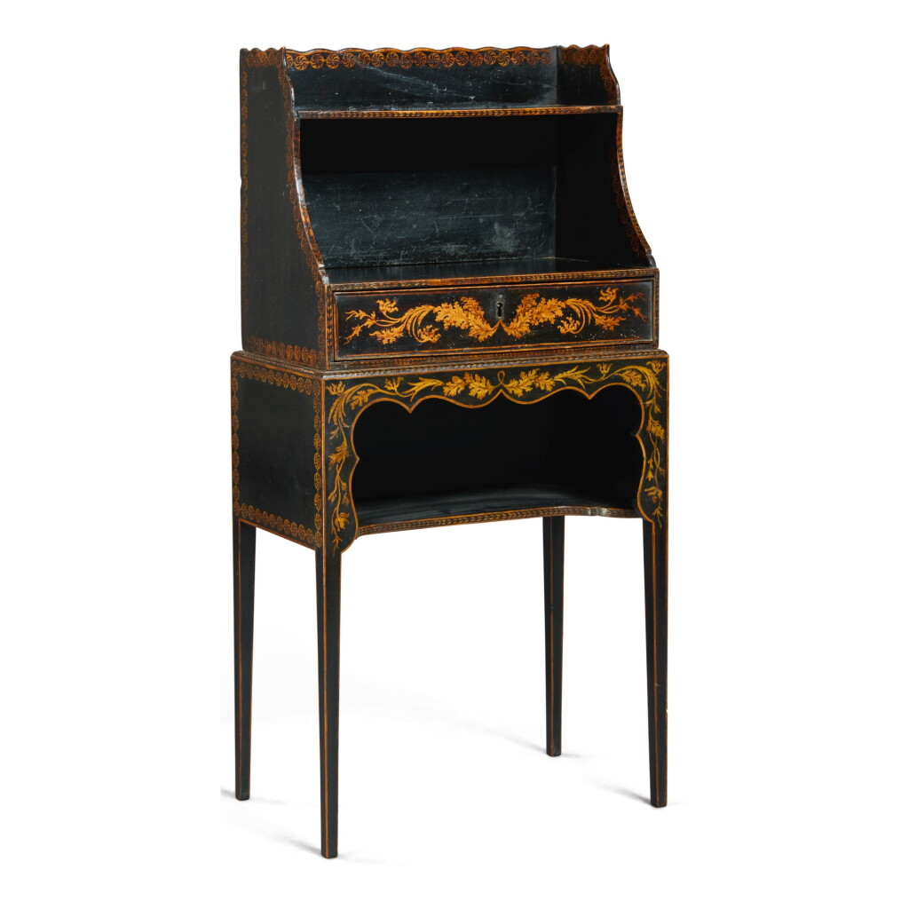 View full screen - View 1 of Lot 130. A REGENCY BLACK AND GOLD JAPANNED SMALL ETAGERE, FIRST HALF 19TH CENTURY.