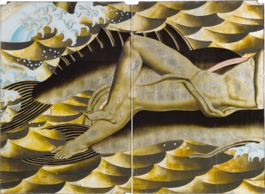 View full screen - View 1 of Lot 63. JEAN-THÉODORE DUPAS | TWO PANELS FROM "THE BIRTH OF APHRODITE" MURAL FROM THE GRAND SALON OF THE S. S. NORMANDIE.