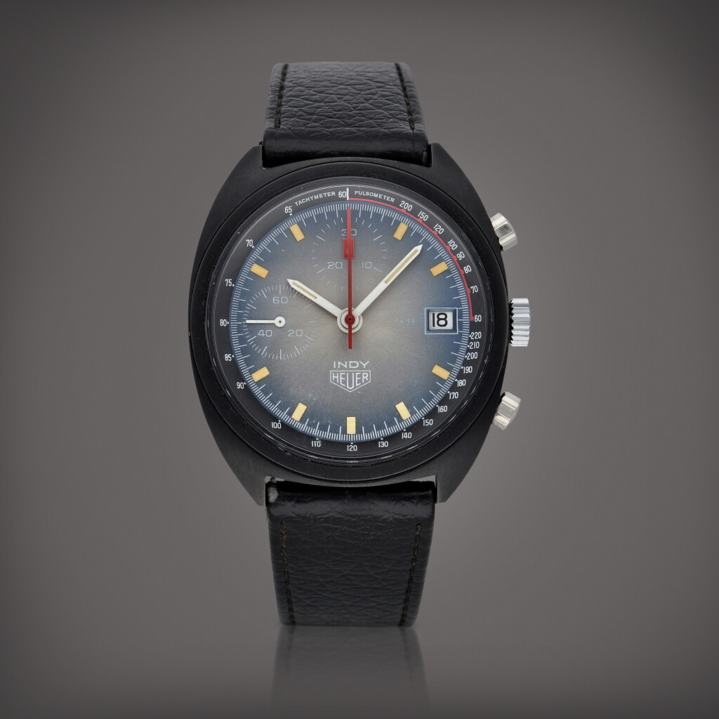 View full screen - View 1 of Lot 494. Indy | A stainless steel chronograph wristwatch with date | Circa 1975.