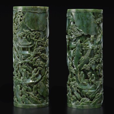 View full screen - View 1 of Lot 15. A large pair of spinach-green jade 'immortals' parfumiers, Qing dynasty, Qianlong period | 清乾隆 碧玉透雕松山獻瑞圖大香筒一對.