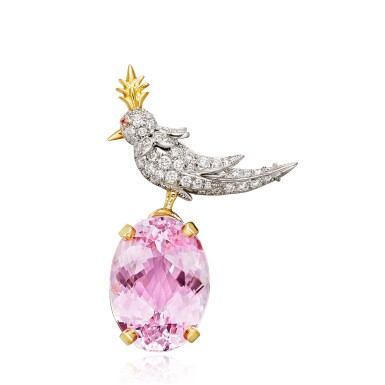 View full screen - View 1 of Lot 229. ‘Bird on a Rock’ Kunzite, Diamond and Pink Sapphire Brooch | 蒂芙尼 Schlumberger 設計 | 'Bird on a Rock' 紫鋰輝石 配 鑽石 及 粉紅色剛玉 胸針.