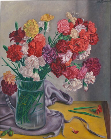 View full screen - View 1 of Lot 90. Nature morte aux oeillets dans un vase en verre.