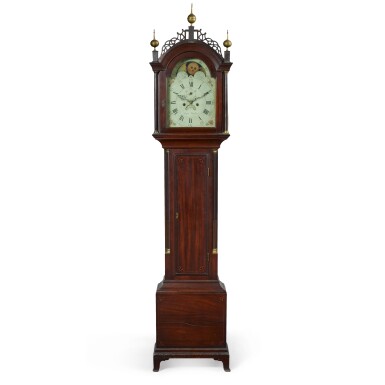 View full screen - View 1 of Lot 96. A Fine Federal Fan-Inlaid and Figured Mahogany Tall-Case Clock, works by Simon Willard (1753-1848), Roxbury, Massachusetts, Circa 1795 .