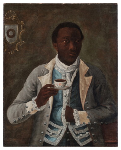 View full screen - View 1 of Lot 511. Portrait of an Elegantly-Attired Man Holding a Porcelain Cup and Saucer.