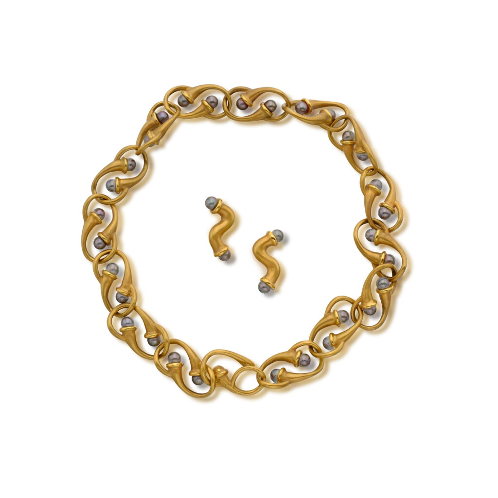 View full screen - View 1 of Lot 143. Gold and Cultured Pearl Necklace and Pair of Earclips.