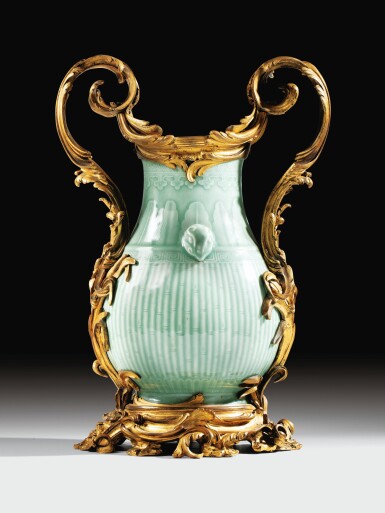 View full screen - View 1 of Lot 9. A CELADON-GLAZED VASE, QING DYNASTY, 19TH CENTURY, WITH LOUIS XV STYLE GILT-BRONZE MOUNTS, SECOND HALF 19TH CENTURY | VASE EN PORCELAINE DE CHINE CÉLADON, DYNASTIE QING, XIXE SIÈCLE, À MONTURE DE BRONZE DORÉ DE STYLE LOUIS XV, SECONDE MOITIÉ DU XIXE SIÈCLE.