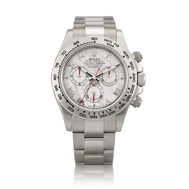 View full screen - View 1 of Lot 2120. Cosmograph Daytona, Reference 116509 | A white gold chronograph wristwatch with meteorite dial and bracelet, Circa 2011 | 勞力士 | Cosmograph Daytona 型號116509 | 白金計時鏈帶腕錶,備隕石錶盤,約2011年製.